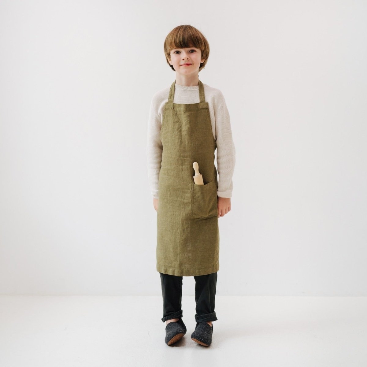 Kids’ Linen Daily Apron (Olive) – 100% Stone-Washed Linen, Handmade - Tiny Tugz™
