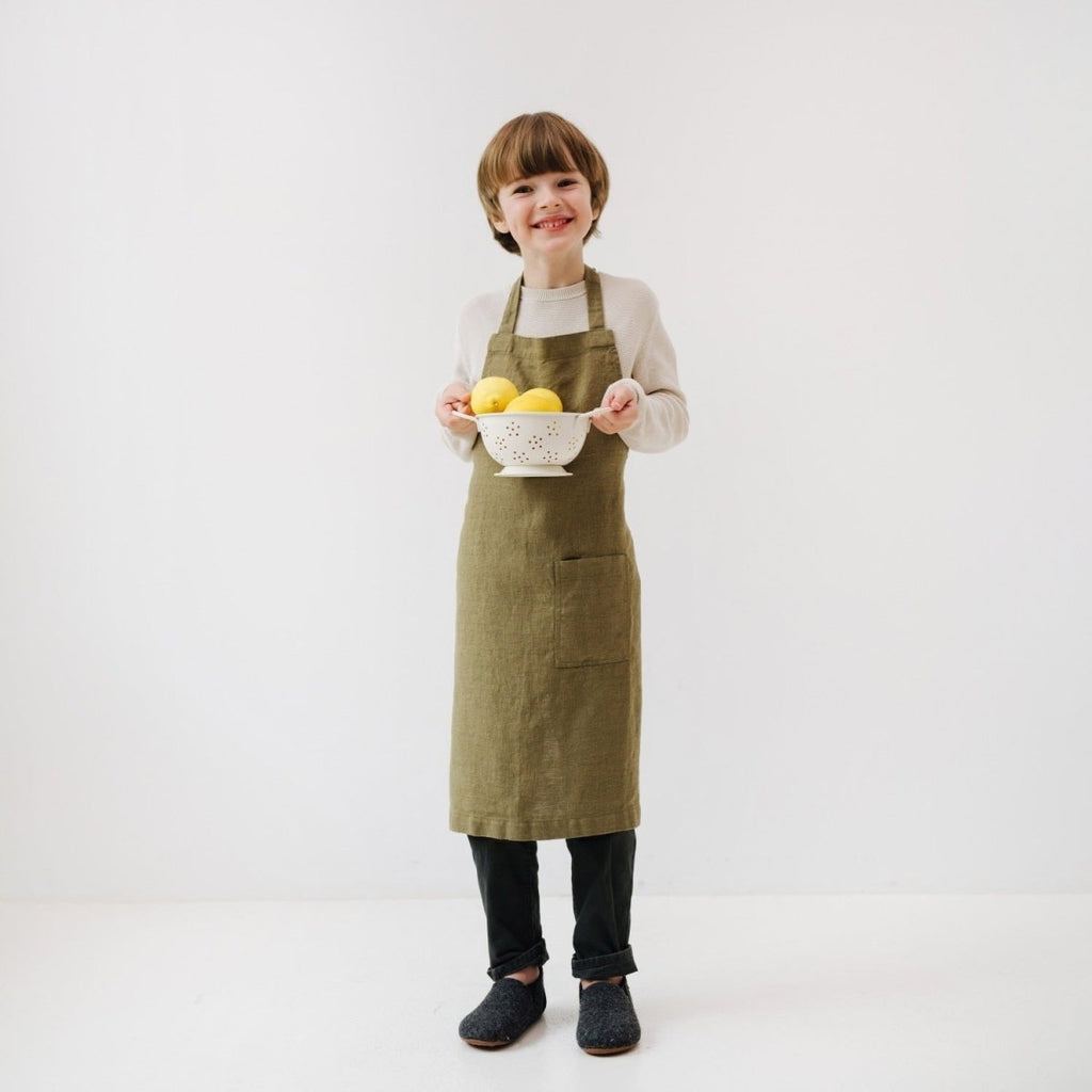 Kids’ Linen Daily Apron (Olive) – 100% Stone-Washed Linen, Handmade - Tiny Tugz™