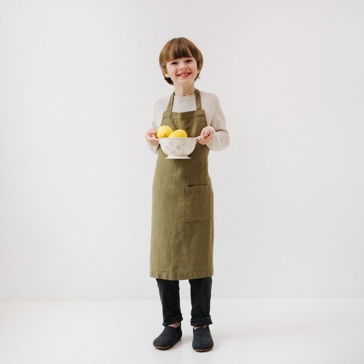 Kids’ Linen Daily Apron (Olive) – 100% Stone-Washed Linen, Handmade - Tiny Tugz™