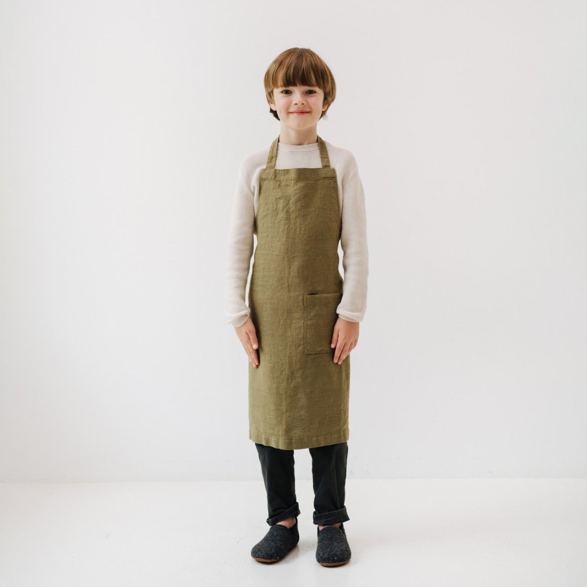 Kids’ Linen Daily Apron (Olive) – 100% Stone-Washed Linen, Handmade - Tiny Tugz™