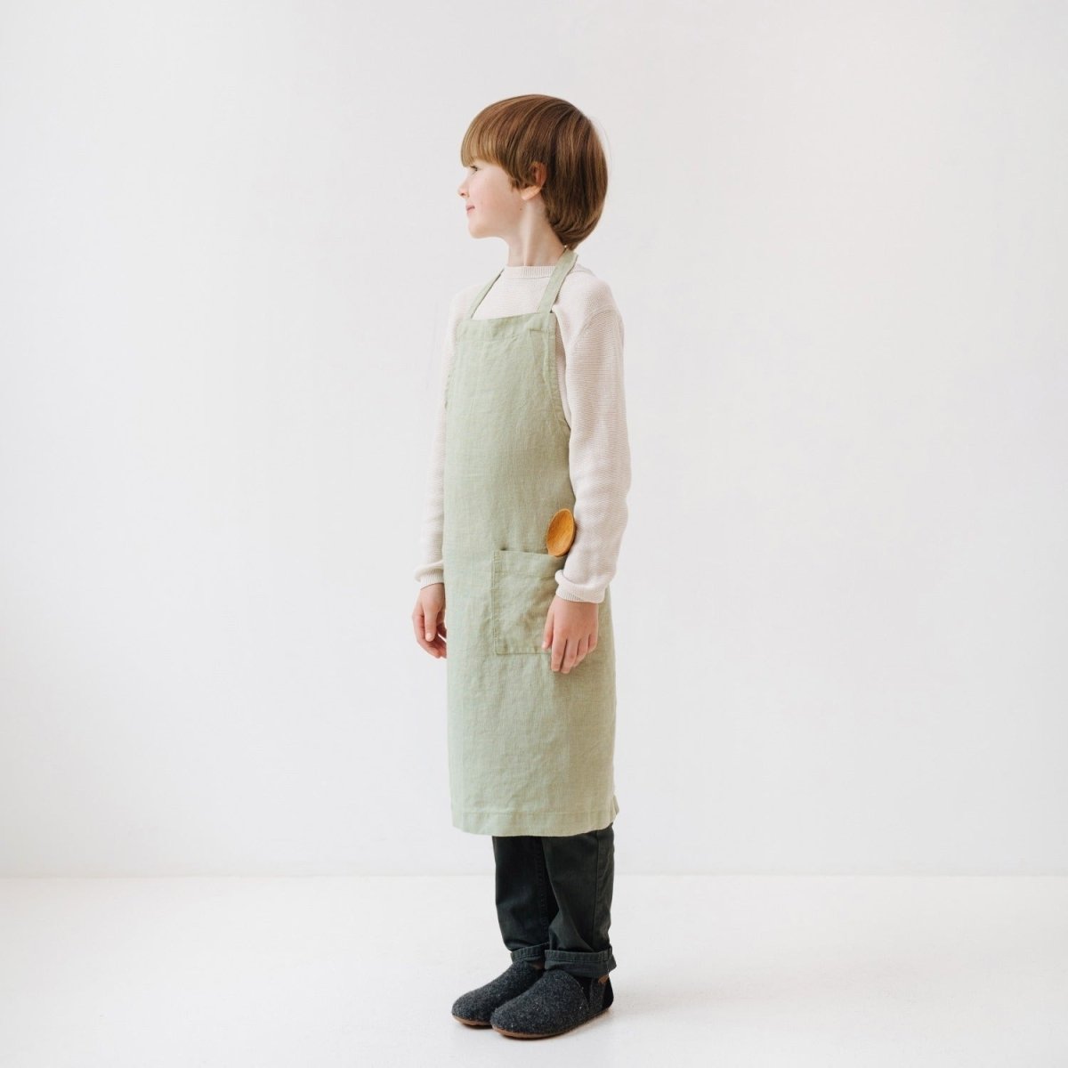 Kids’ Linen Daily Apron (Sage) – 100% Stone-Washed Linen, Handmade - Tiny Tugz™