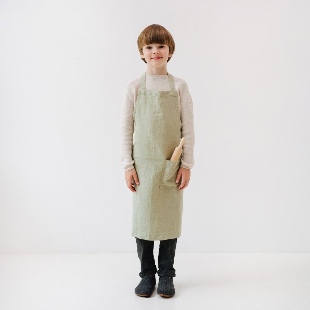 Kids’ Linen Daily Apron (Sage) – 100% Stone-Washed Linen, Handmade - Tiny Tugz™