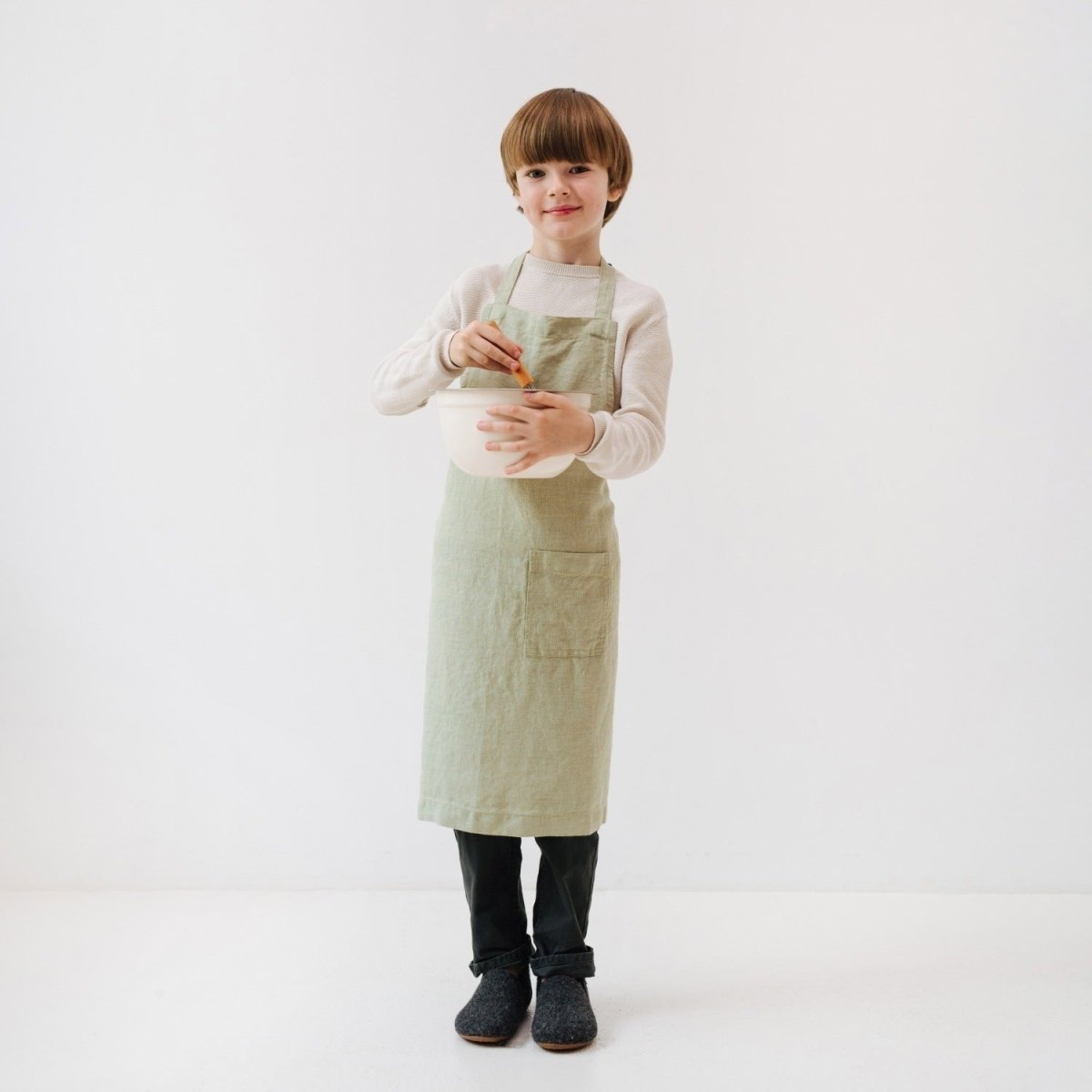Kids’ Linen Daily Apron (Sage) – 100% Stone-Washed Linen, Handmade - Tiny Tugz™