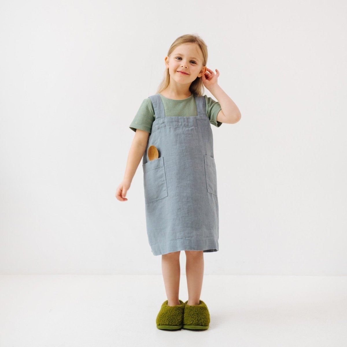 Kids’ Linen Pinafore Apron (Blue) – 100% Stone-Washed Linen, Handmade - Tiny Tugz™