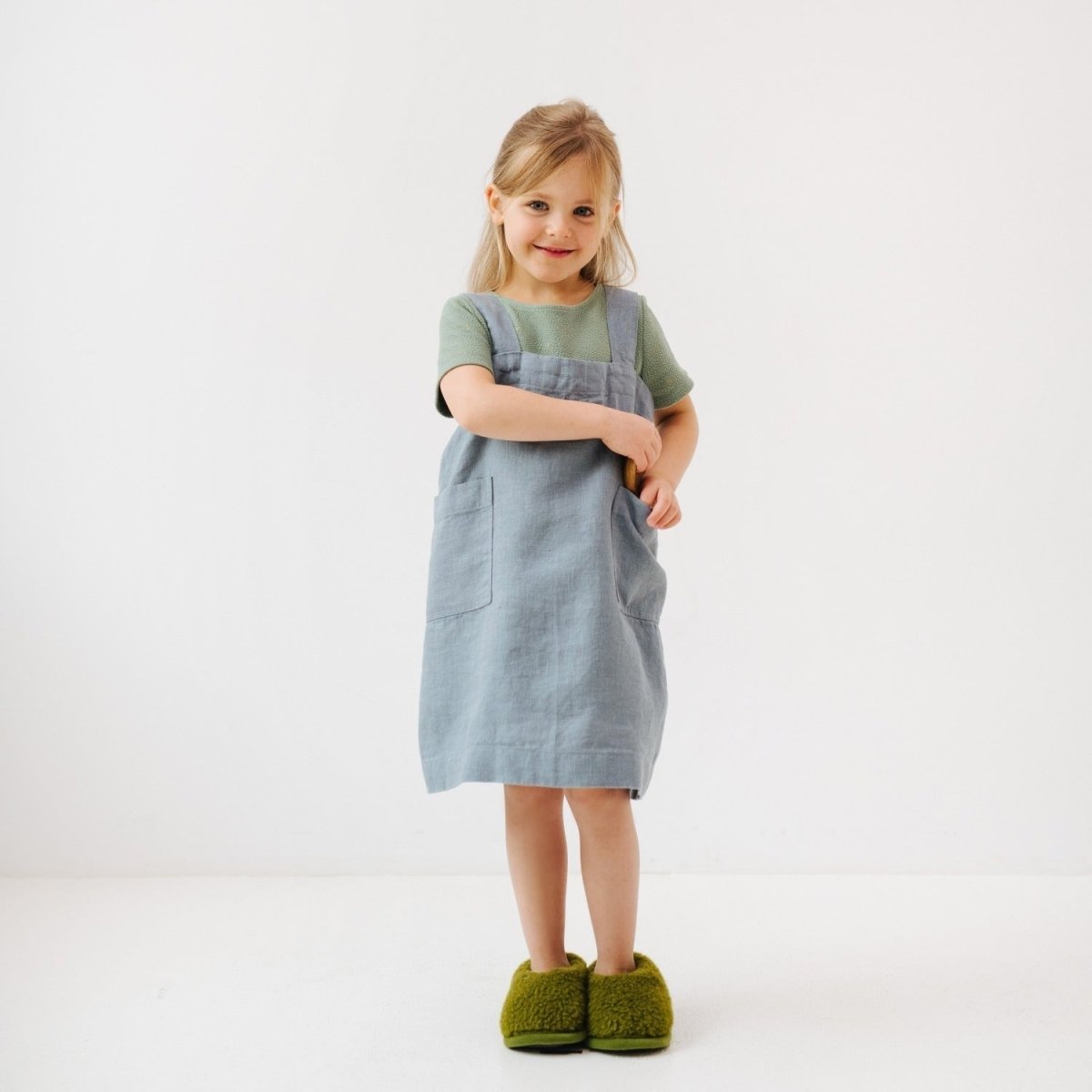 Kids’ Linen Pinafore Apron (Blue) – 100% Stone-Washed Linen, Handmade - Tiny Tugz™