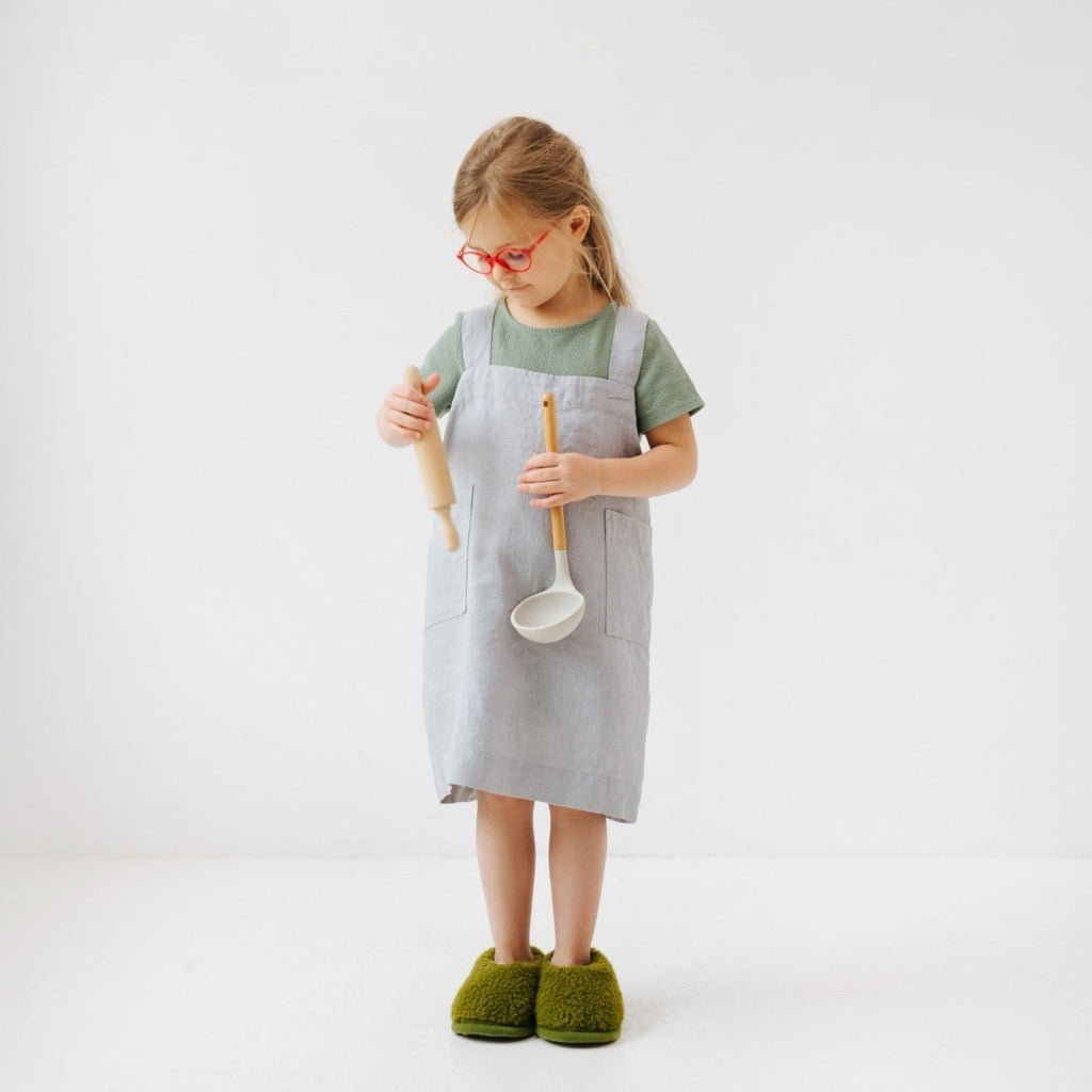 Kids’ Linen Pinafore Apron (Light Grey) – 100% Stone-Washed Linen, Handmade - Tiny Tugz™