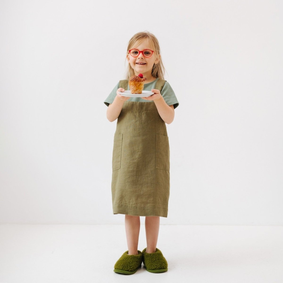 Kids’ Linen Pinafore Apron (Olive) – 100% Stone-Washed Linen, Handmade - Tiny Tugz™