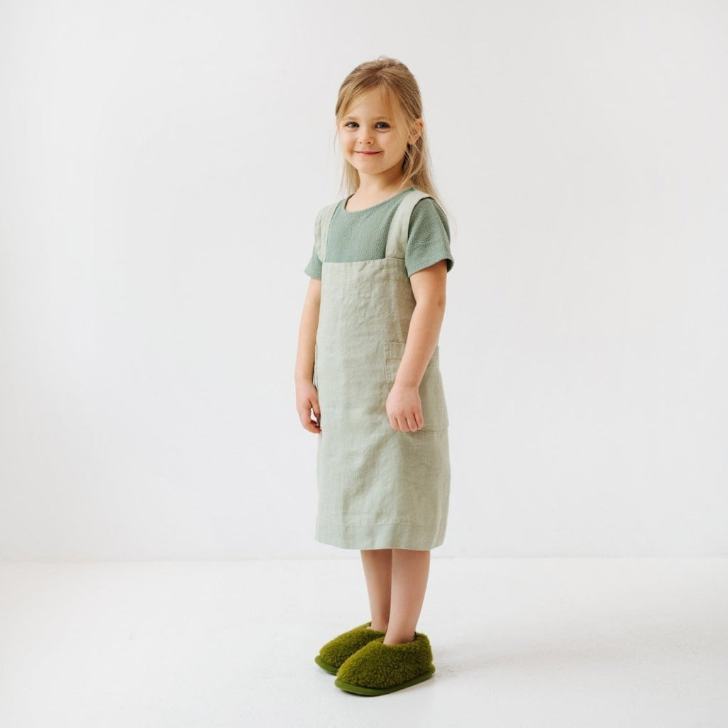 Kids’ Linen Pinafore Apron (Sage) – 100% Stone-Washed Linen, Handmade - Tiny Tugz™