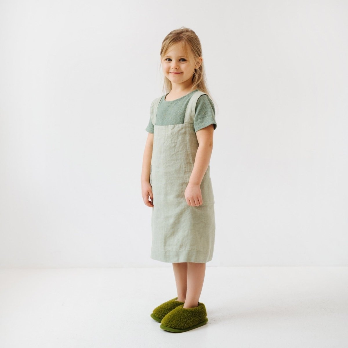 Kids’ Linen Pinafore Apron (Sage) – 100% Stone-Washed Linen, Handmade - Tiny Tugz™