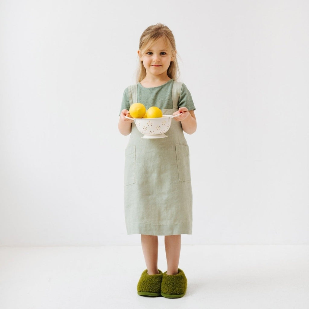 Kids’ Linen Pinafore Apron (Sage) – 100% Stone-Washed Linen, Handmade - Tiny Tugz™