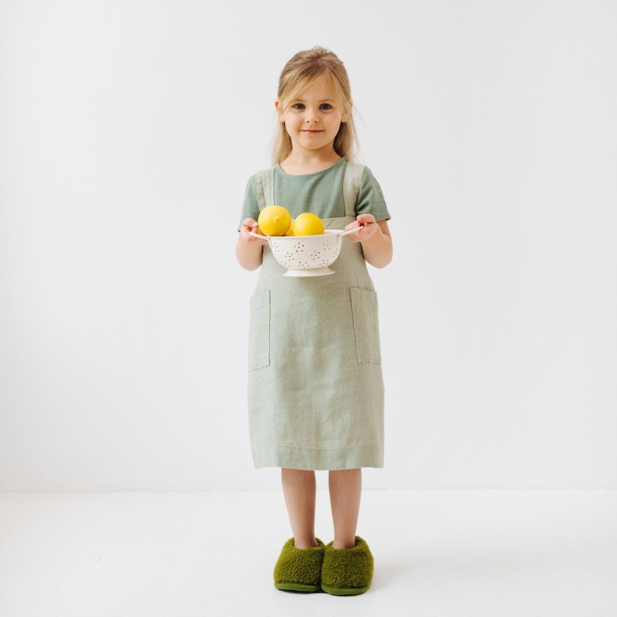 Kids’ Linen Pinafore Apron (Sage) – 100% Stone-Washed Linen, Handmade - Tiny Tugz™