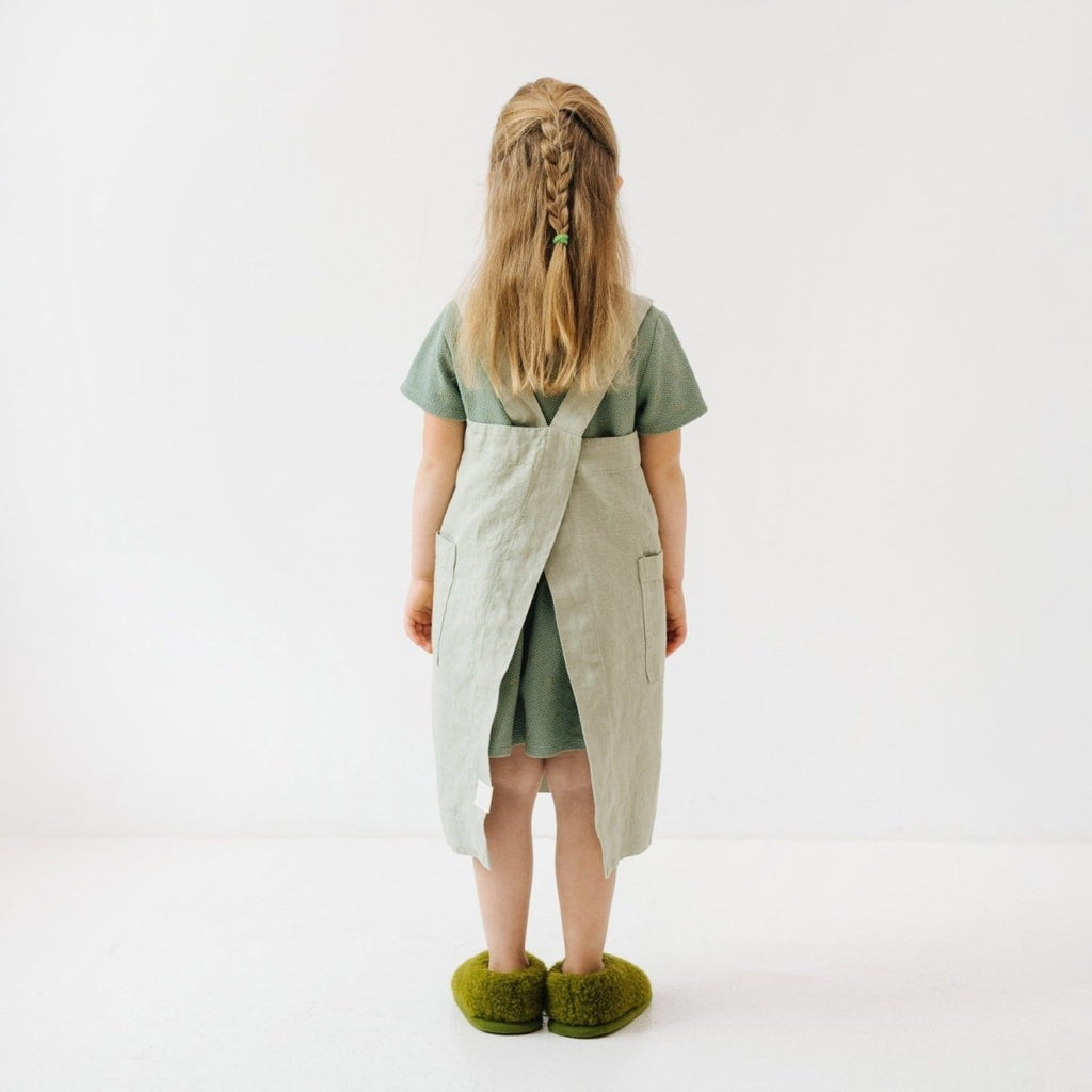 Kids’ Linen Pinafore Apron (Sage) – 100% Stone-Washed Linen, Handmade - Tiny Tugz™