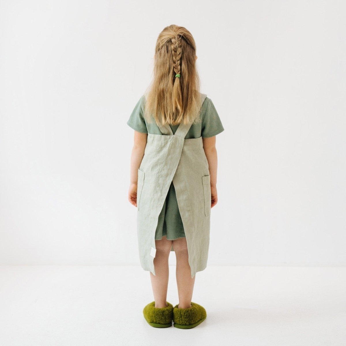 Kids’ Linen Pinafore Apron (Sage) – 100% Stone-Washed Linen, Handmade - Tiny Tugz™