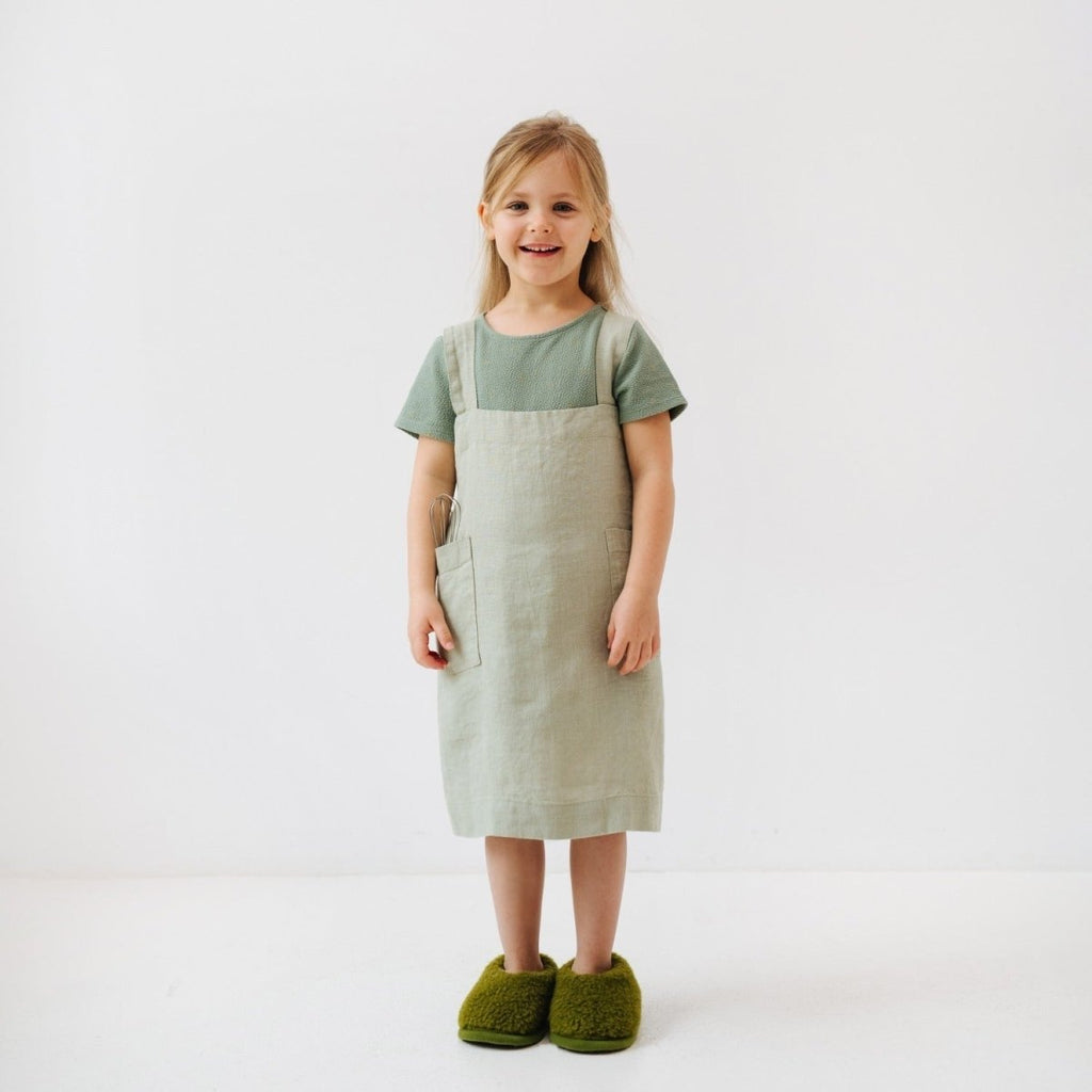 Kids’ Linen Pinafore Apron (Sage) – 100% Stone-Washed Linen, Handmade - Tiny Tugz™