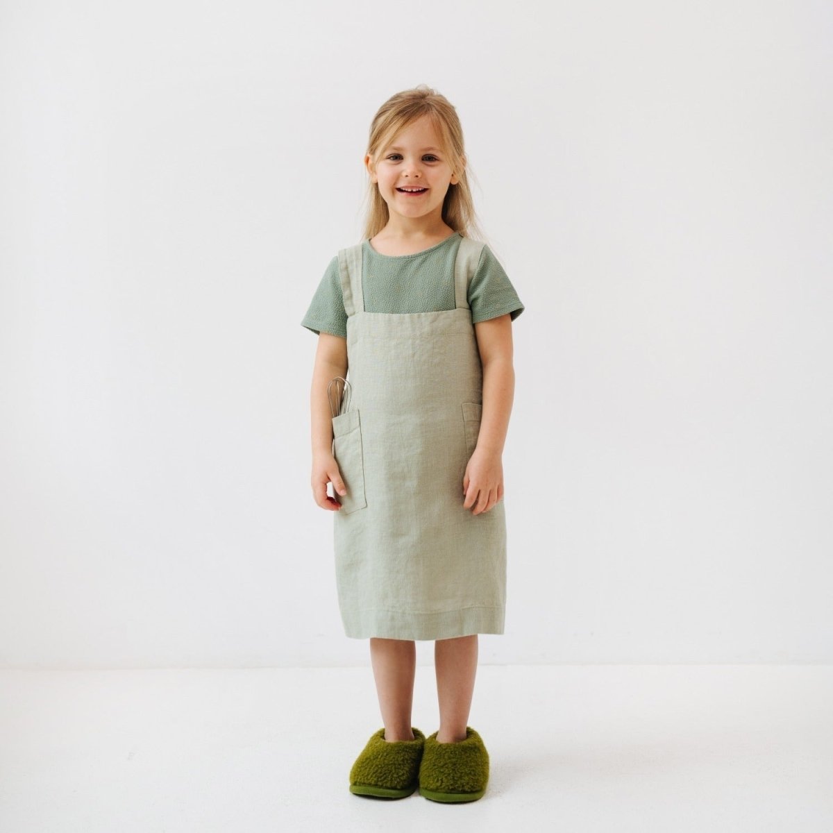 Kids’ Linen Pinafore Apron (Sage) – 100% Stone-Washed Linen, Handmade - Tiny Tugz™