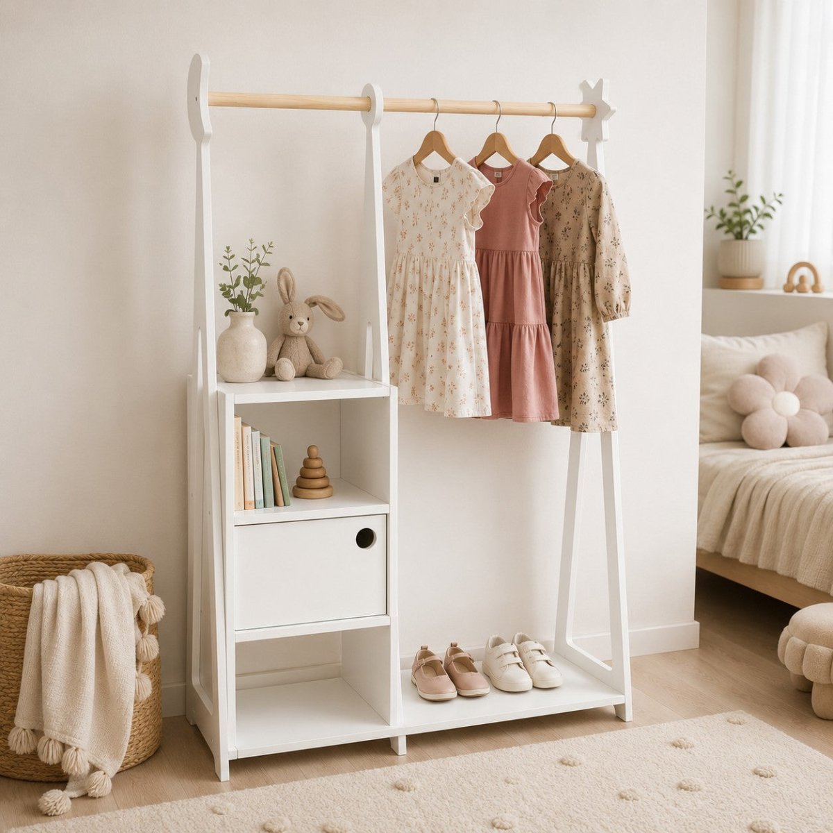 Kids Montessori Wardrobe with Storage – Birch Plywood, White - Tiny Tugz™