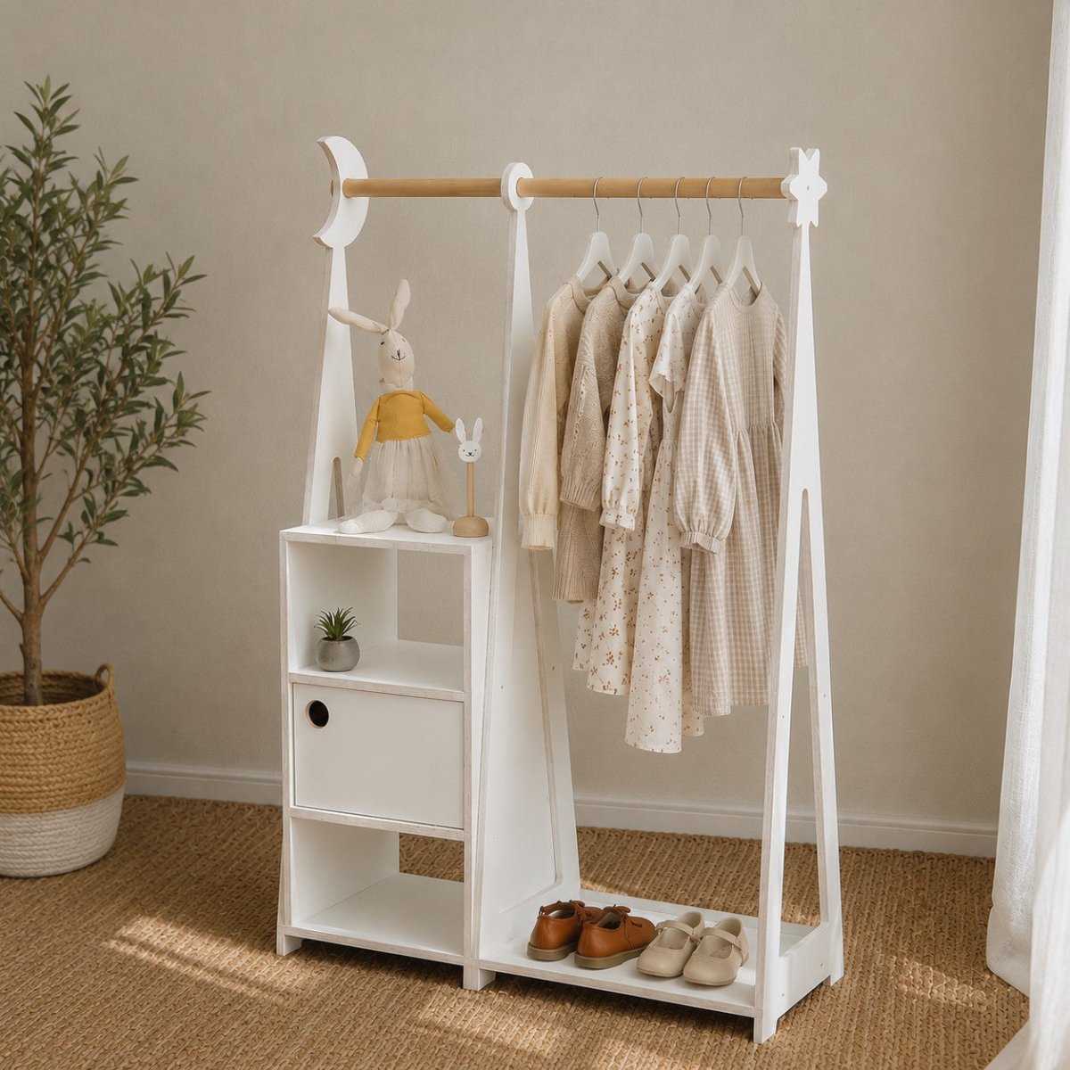 Kids Montessori Wardrobe with Storage – Birch Plywood, White - Tiny Tugz™