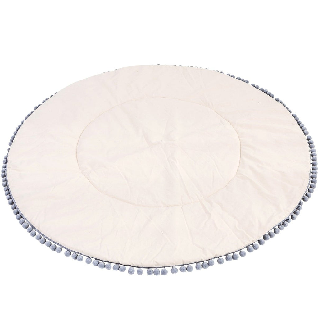 Kids Play Mat with Grey Pompom Border - Ecru - Round, 115 cm - Tiny Tugz™