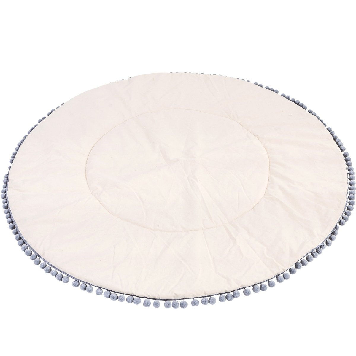 Kids Play Mat with Grey Pompom Border - Ecru - Round, 115 cm - Tiny Tugz™