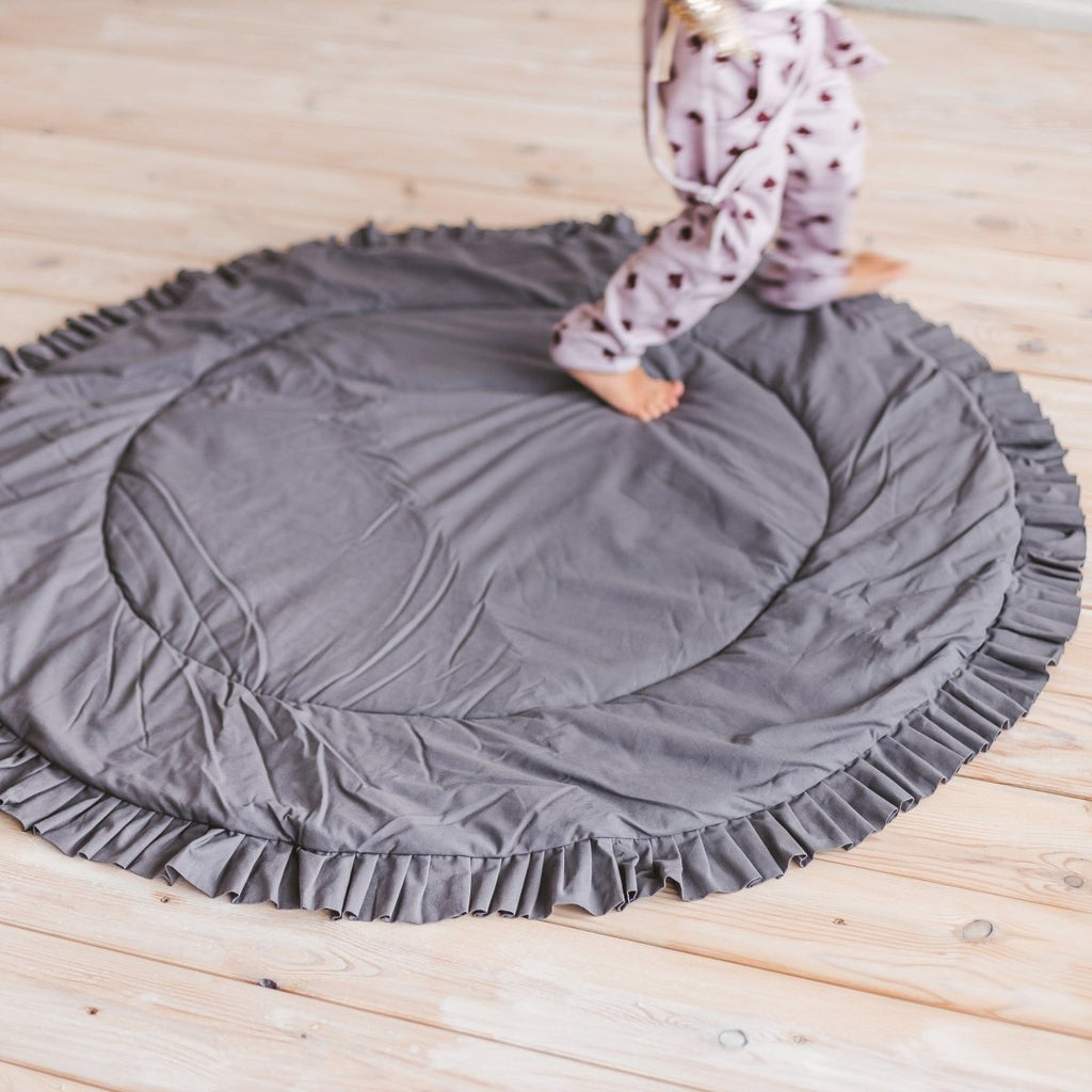 Kids Play Mat with Ruffled Border - Grey - Round, 125 cm - Tiny Tugz™