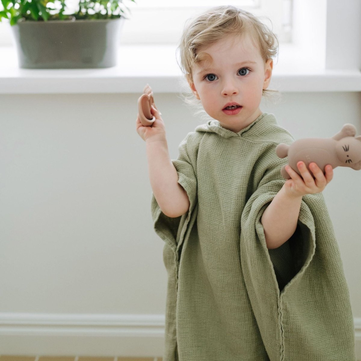 Kids’ Poncho (Sage) – 100% Waffle Linen, Handmade - Tiny Tugz™