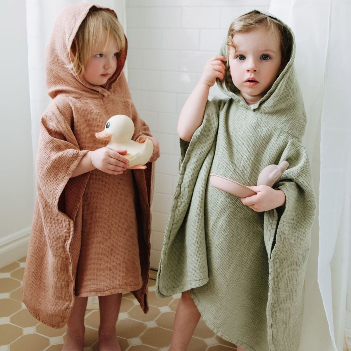 Kids’ Poncho (Sage) – 100% Waffle Linen, Handmade - Tiny Tugz™