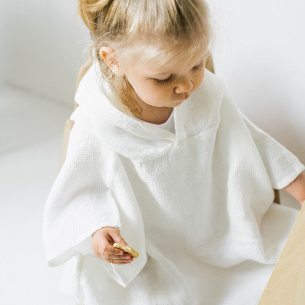 Kids’ Poncho (White) – 100% Waffle Linen, Handmade - Tiny Tugz™