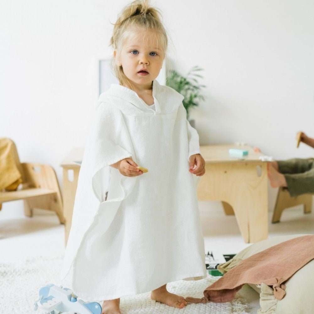 Kids’ Poncho (White) – 100% Waffle Linen, Handmade - Tiny Tugz™