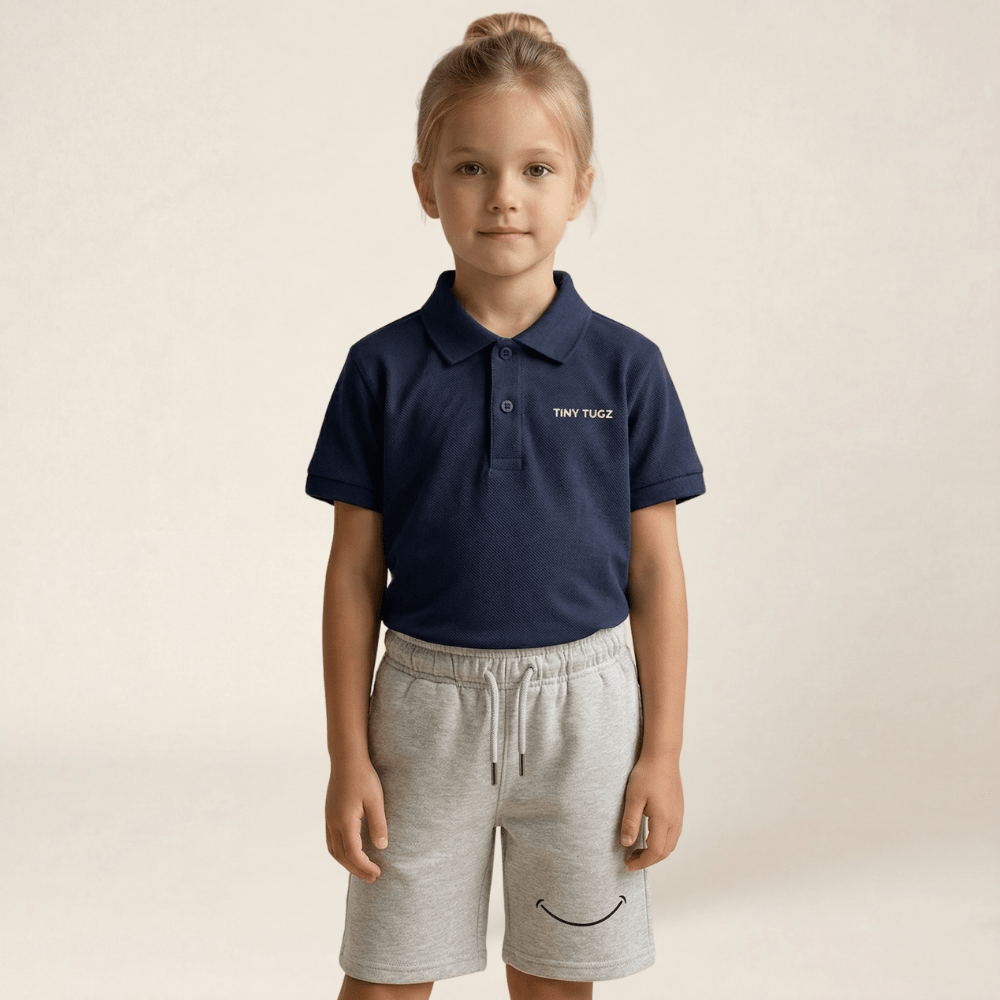 Kids Smart Casual Organic Cotton Set (Navy Polo + Grey Shorts) - Tiny Tugz™