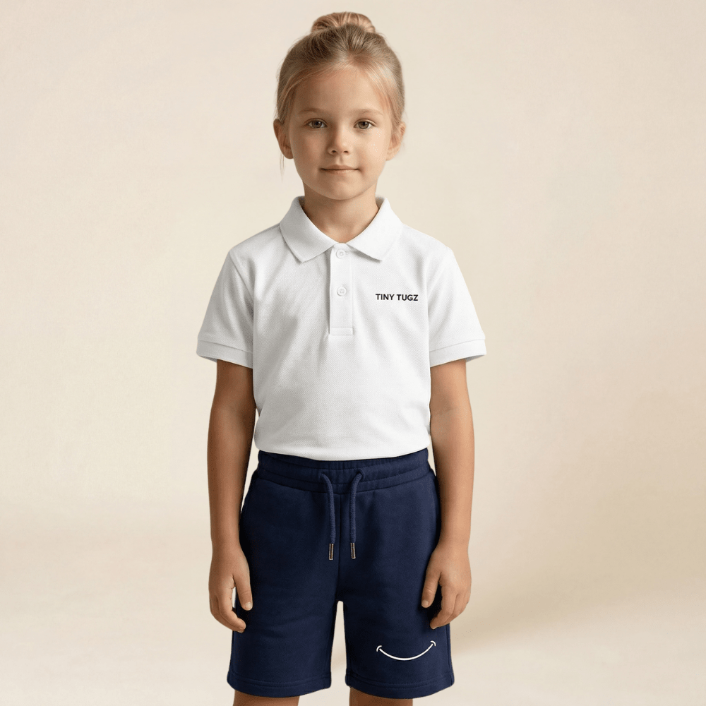 Kids Smart Casual Organic Cotton Set (White Polo + Navy Shorts) - Tiny Tugz™