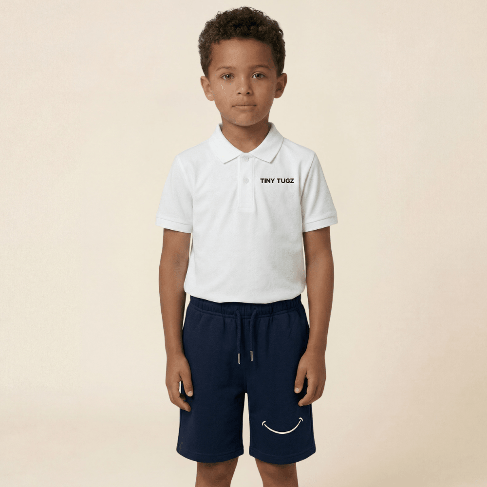 Kids Smart Casual Organic Cotton Set (White Polo + Navy Shorts) - Tiny Tugz™