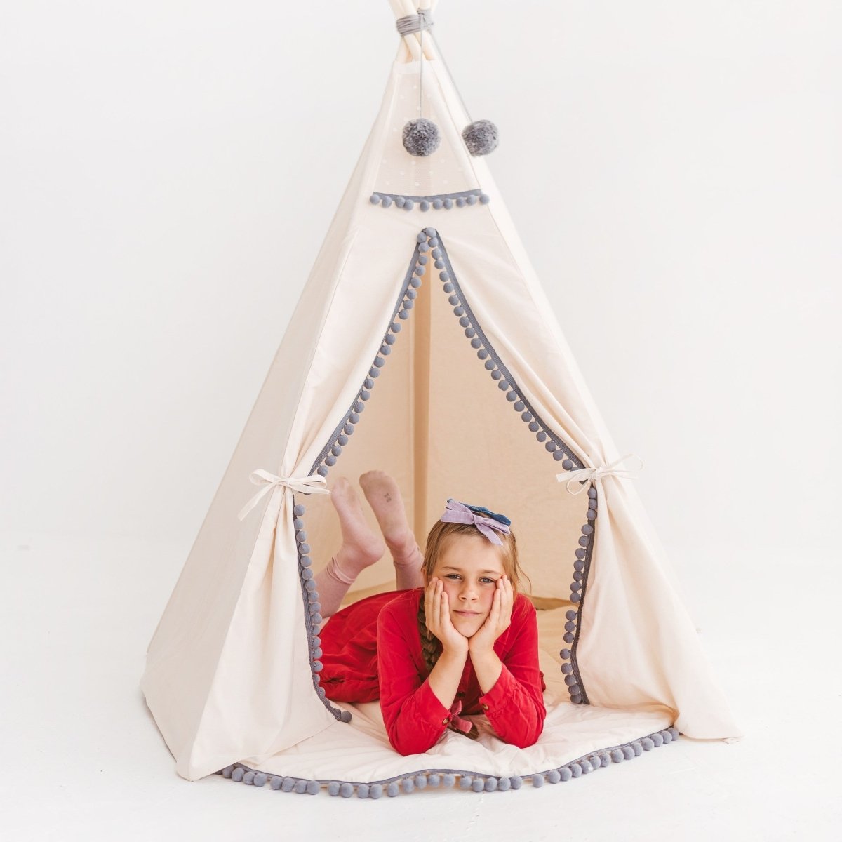 Kids Teepee with Grey Pompoms - Ecru - Cotton Canvas & Wooden Poles - Tiny Tugz™