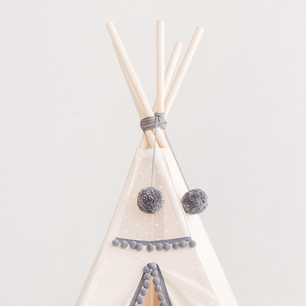 Kids Teepee with Grey Pompoms - Ecru - Cotton Canvas & Wooden Poles - Tiny Tugz™