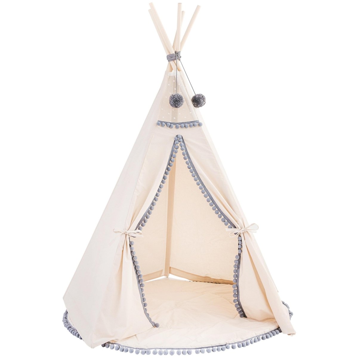 Kids Teepee with Grey Pompoms - Ecru - Cotton Canvas & Wooden Poles - Tiny Tugz™