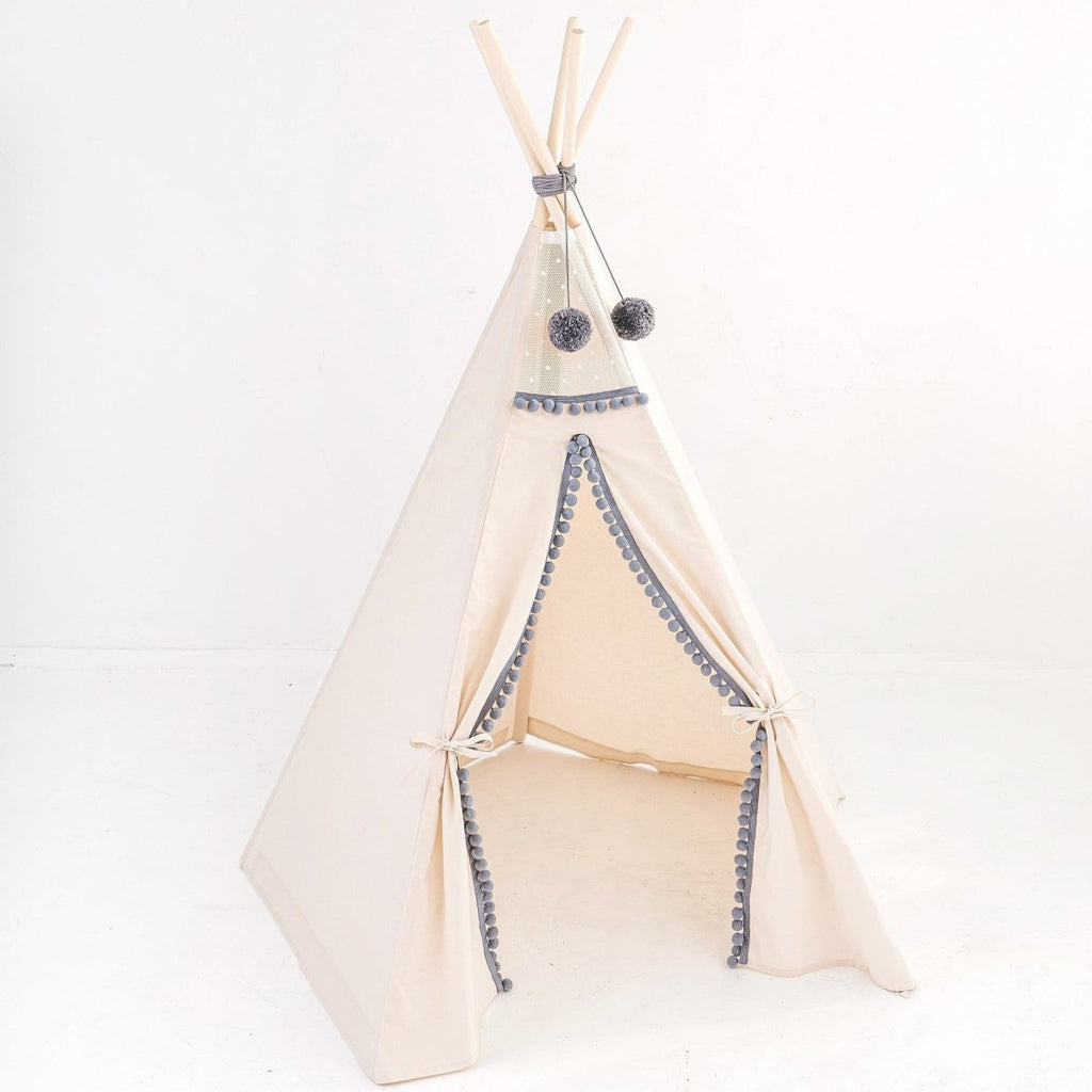 Kids Teepee with Grey Pompoms - Ecru - Cotton Canvas & Wooden Poles - Tiny Tugz™