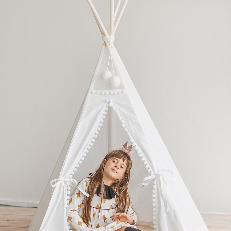 Kids Teepee with Pompoms - Snow White - Cotton Canvas & Wooden Poles - Tiny Tugz™