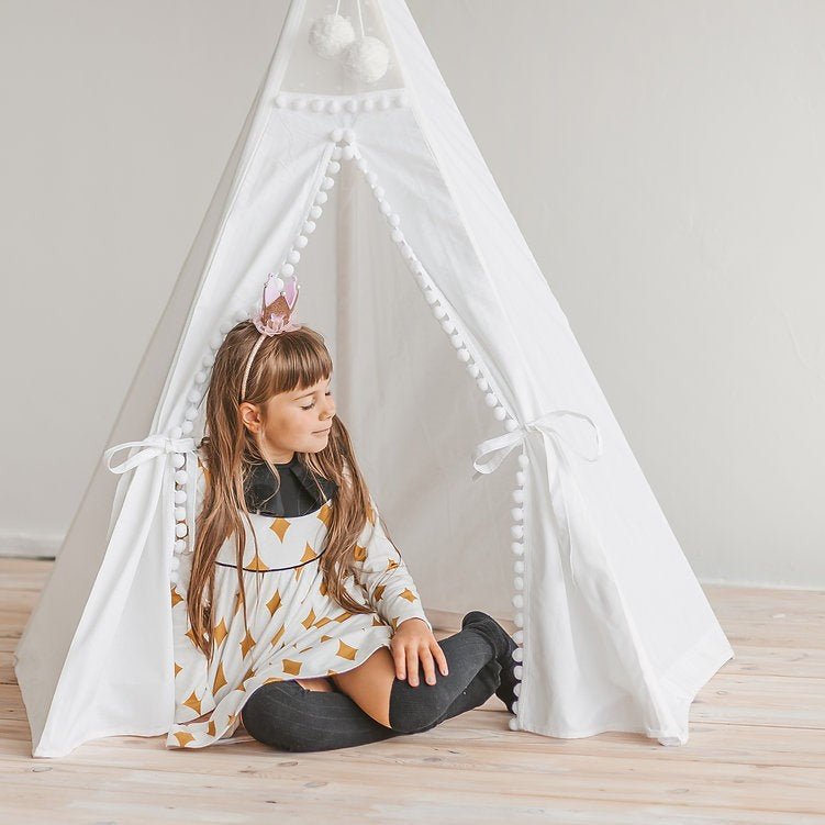 Kids Teepee with Pompoms - Snow White - Cotton Canvas & Wooden Poles - Tiny Tugz™