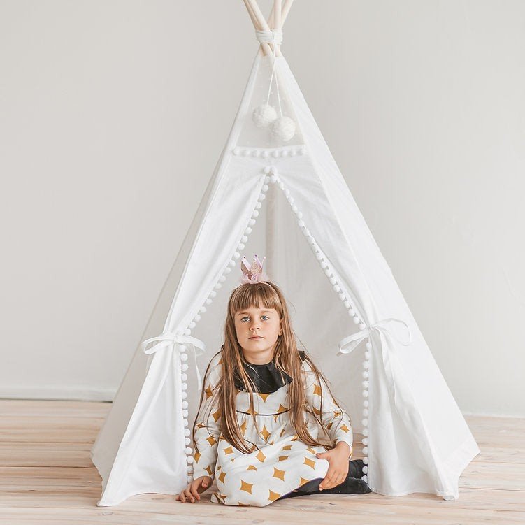 Kids Teepee with Pompoms - Snow White - Cotton Canvas & Wooden Poles - Tiny Tugz™