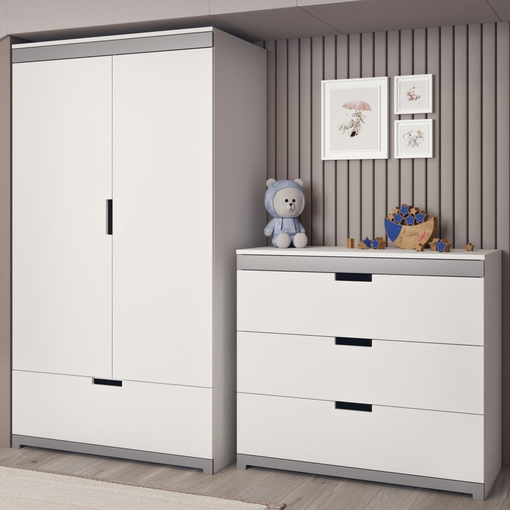 Kids' Wardrobe Tomi - Rail, Shelves & Drawer - White & Grey - Tiny Tugz™