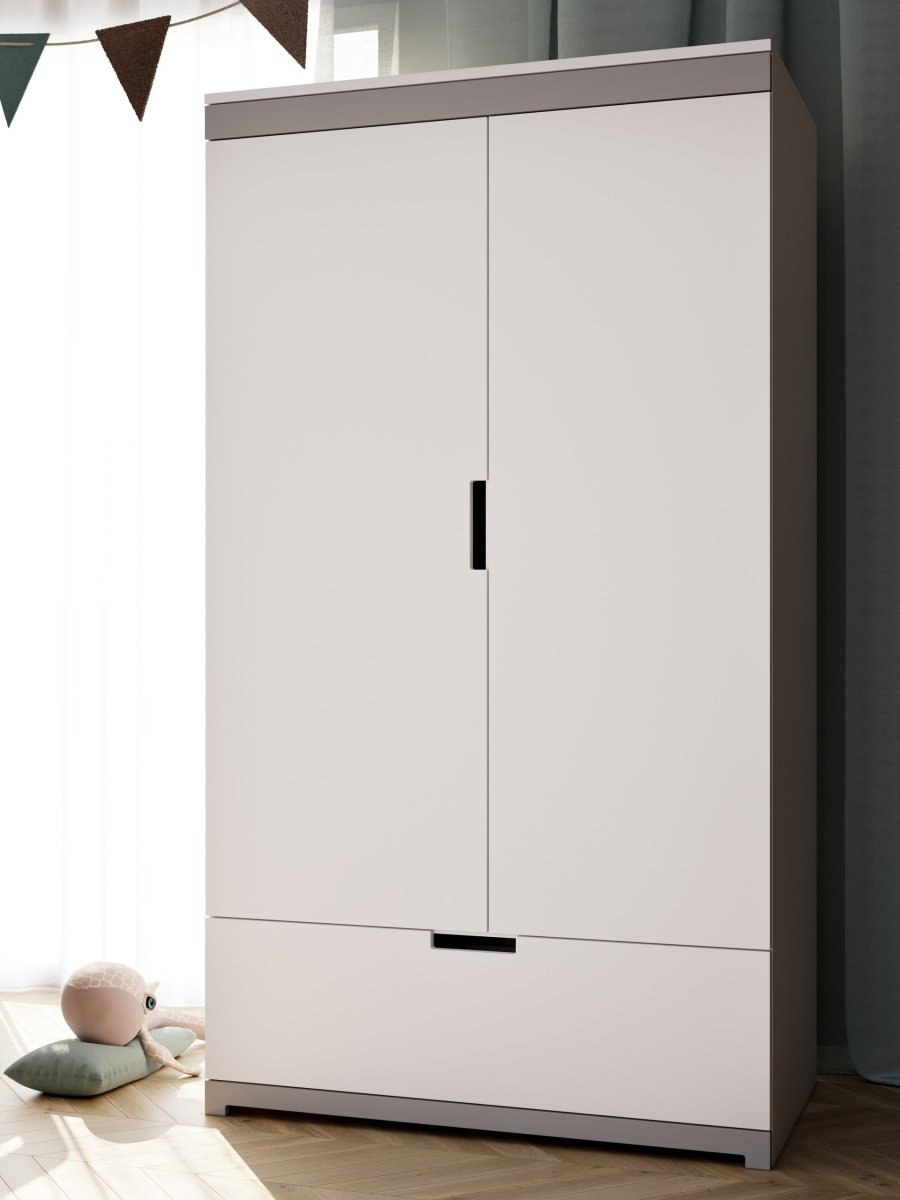 Kids' Wardrobe Tomi - Rail, Shelves & Drawer - White & Grey - Tiny Tugz™
