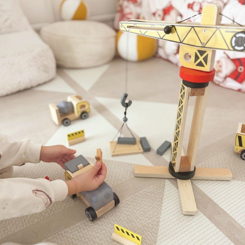 Kids Wooden Construction Play Set – XXL Crane & Vehicles - Tiny Tugz™