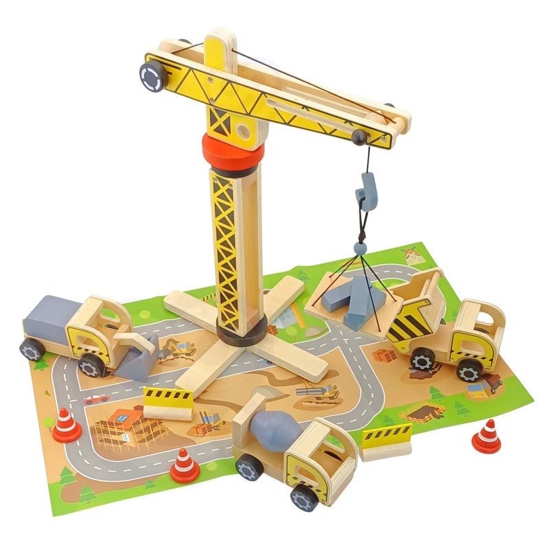 Kids Wooden Construction Play Set – XXL Crane & Vehicles - Tiny Tugz™