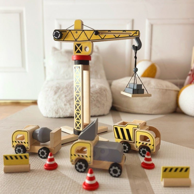 Kids Wooden Construction Play Set – XXL Crane & Vehicles - Tiny Tugz™