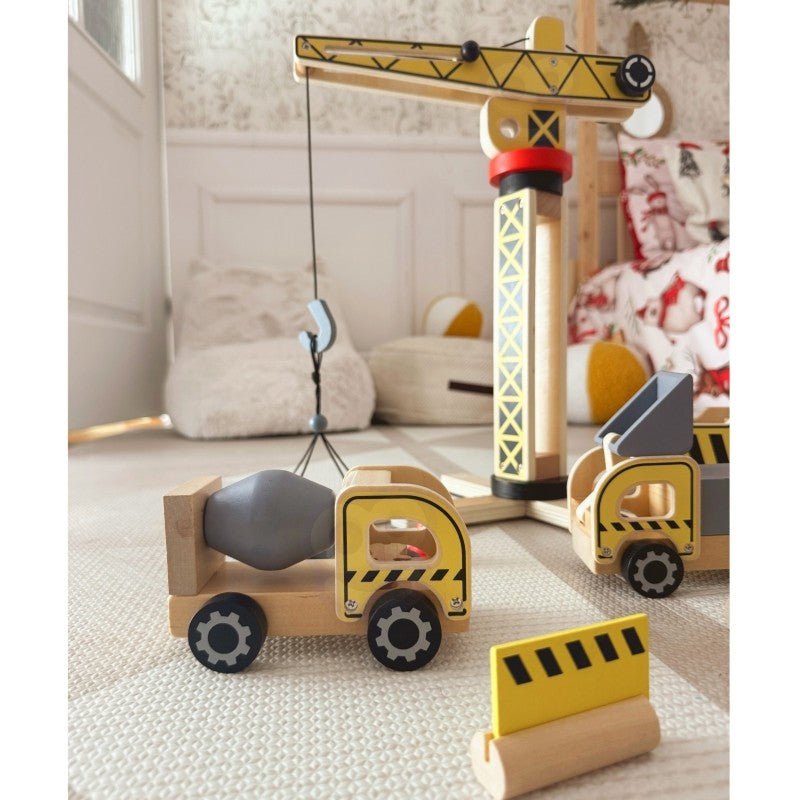 Kids Wooden Construction Play Set – XXL Crane & Vehicles - Tiny Tugz™