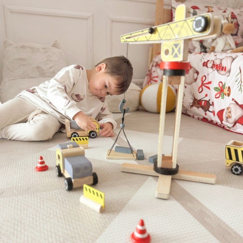 Kids Wooden Construction Play Set – XXL Crane & Vehicles - Tiny Tugz™