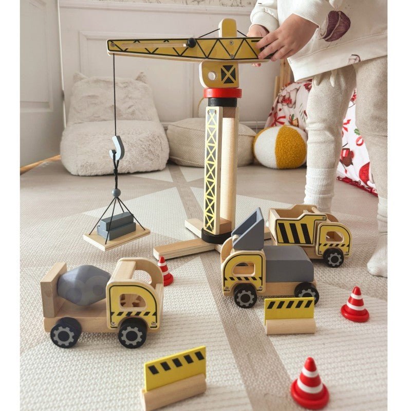 Kids Wooden Construction Play Set – XXL Crane & Vehicles - Tiny Tugz™
