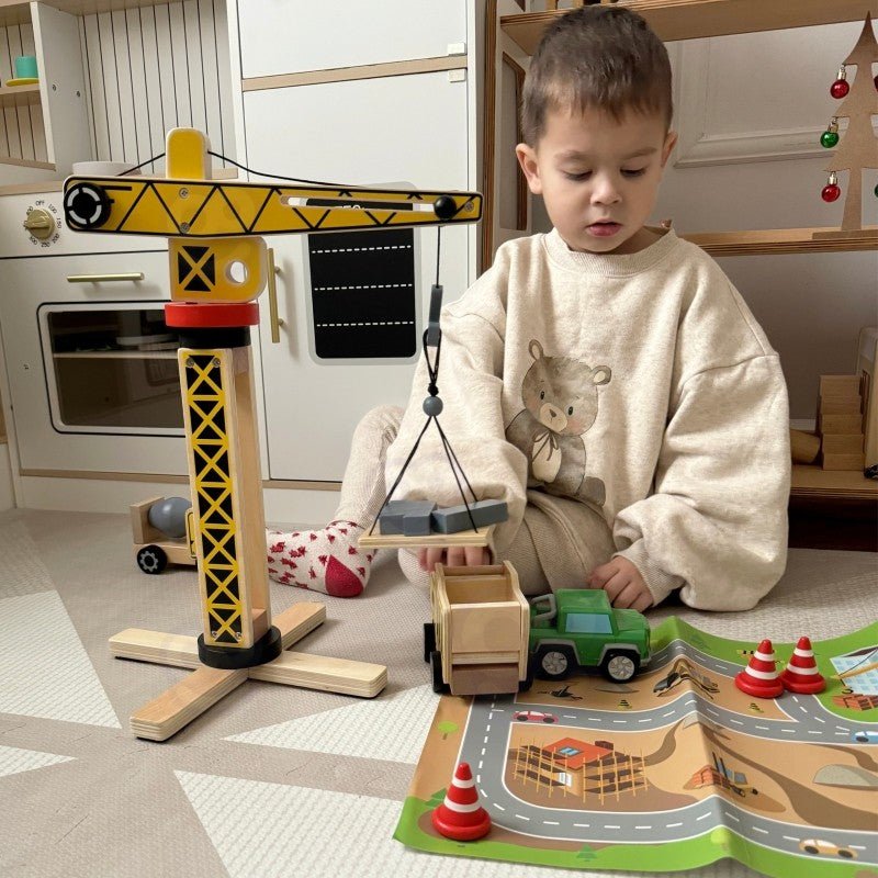 Kids Wooden Construction Play Set – XXL Crane & Vehicles - Tiny Tugz™