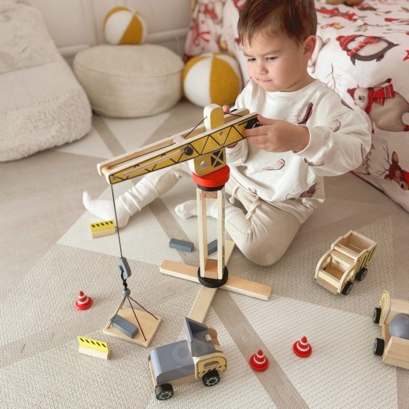 Kids Wooden Construction Play Set – XXL Crane & Vehicles - Tiny Tugz™