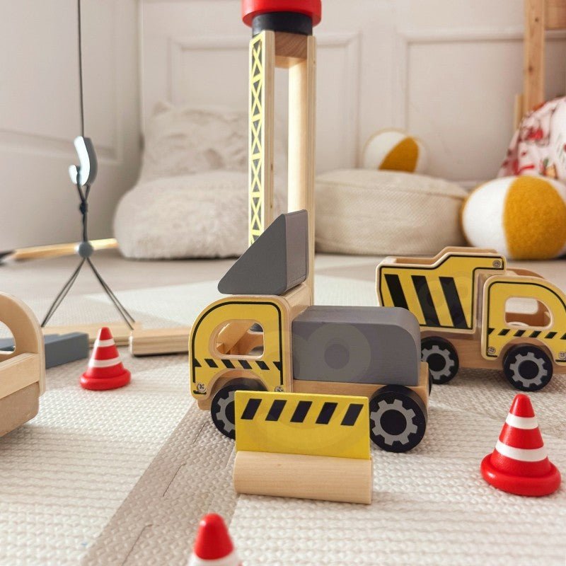 Kids Wooden Construction Play Set – XXL Crane & Vehicles - Tiny Tugz™