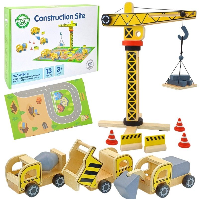 Kids Wooden Construction Play Set – XXL Crane & Vehicles - Tiny Tugz™